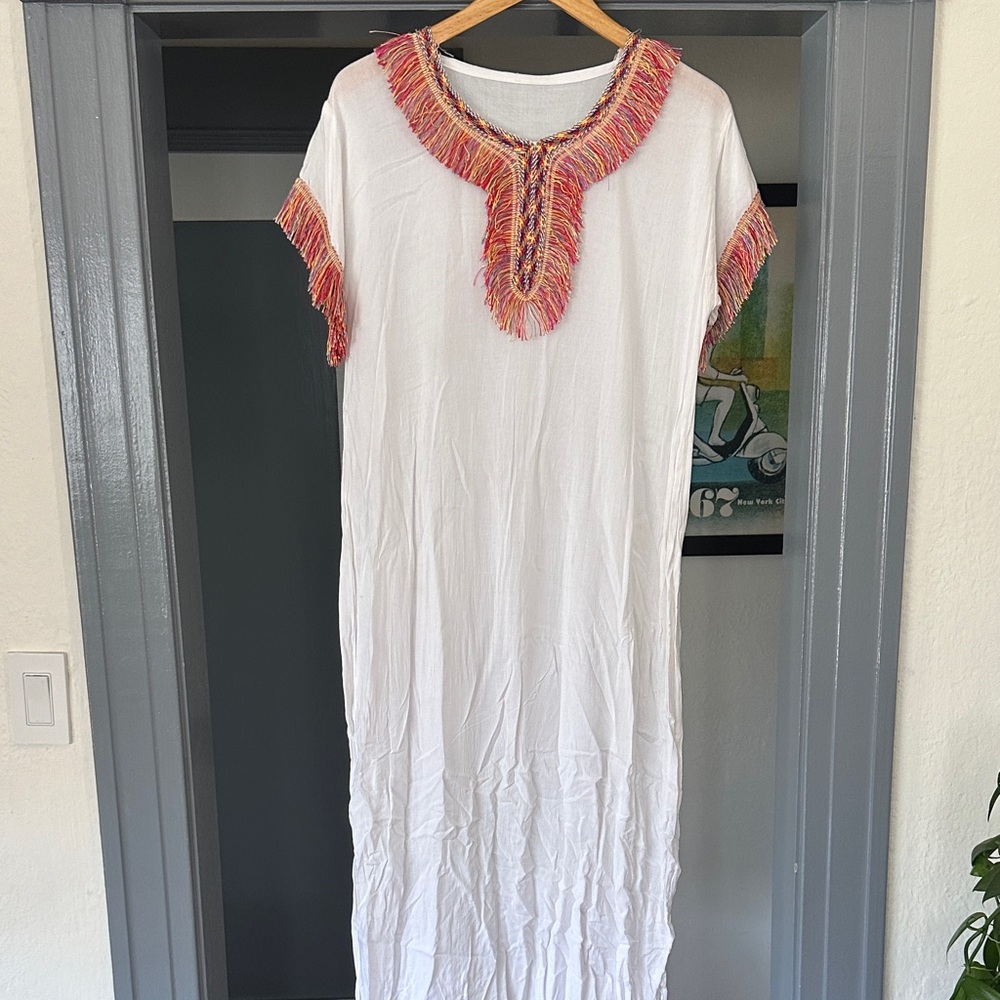 White Linen coverup with Colorful Fringe